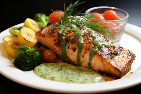 桌面上健康美味的烤鱼背景图片