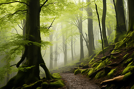 户外森林中青绿的树木背景图片