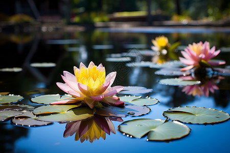 池塘中盛开的睡莲背景图片