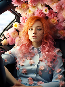 车内漂亮的花朵女孩背景图片