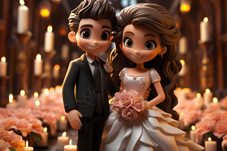 梦中的婚礼花海蜡烛中的新婚夫妻插画