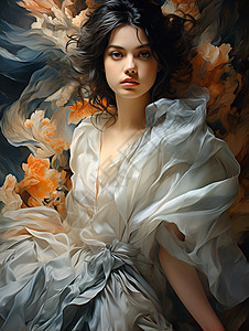 美女穿着白色的丝绸长裙背景图片