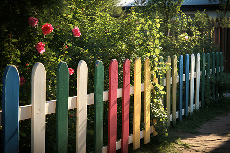 夏日花园里的彩色栅栏背景图片