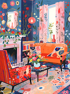 家具花瓶客厅彩色家具插画