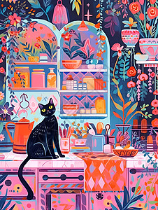 温馨厨房的猫咪绘画背景图片