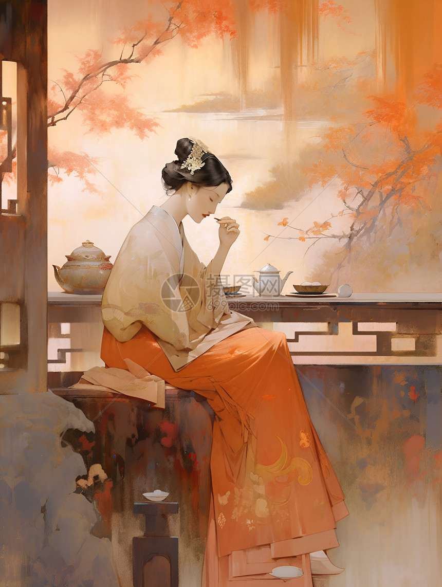 中式少女品茶图片