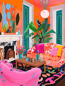 色彩家具色彩绚丽的室内景观插画