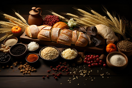 桌子上的面包和谷物背景图片