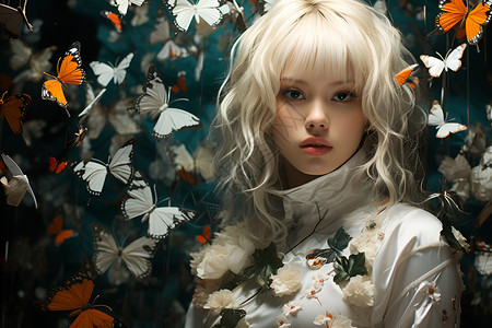 白发女孩蝴蝶环绕背景图片