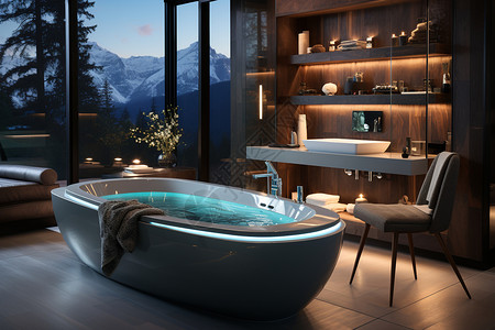 智能浴缸浴室中的大浴缸窗设计图片