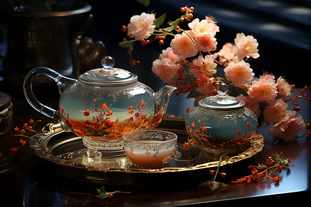 华美茶具和花朵背景图片
