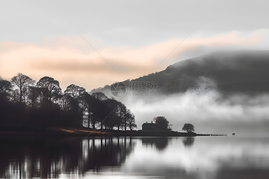 清晨湖畔的朦胧美景图片