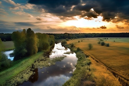 夕阳下河畔的秋日浪漫背景图片