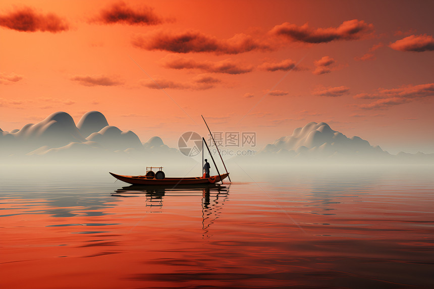湖上落日之舟图片