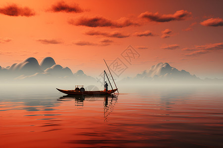 红树林游船湖上落日之舟插画