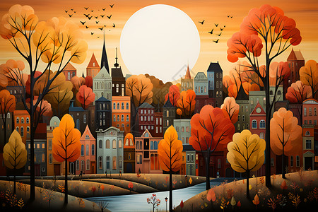 色彩斑斓的秋季城市插图背景图片