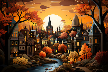秋季色彩的城市艺术插图背景图片
