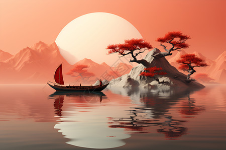 在湖面游船橙色湖面的渔船插画