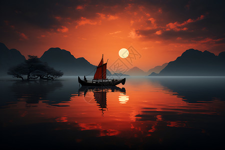 湖面上孤独的木船背景图片