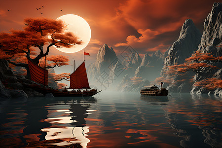 静谧夕阳下的船只背景图片