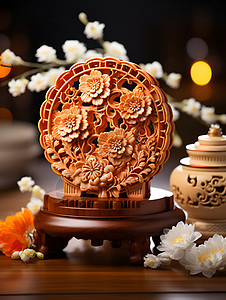 传统的中式月饼工艺品摆件背景图片