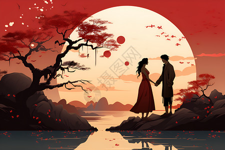 韩系恩爱情侣牵手合照夕阳下在河边牵手的情侣插画