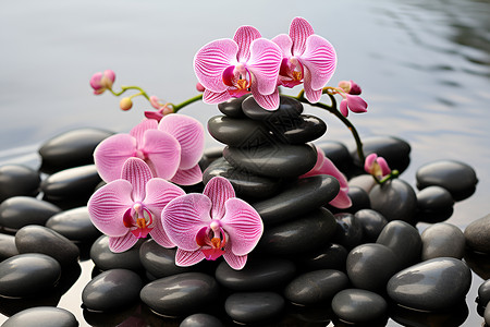 玄武岩石头上的粉红花背景
