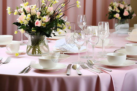 桌上摆满鲜花和餐具背景图片