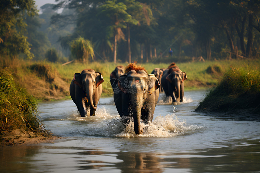 河中行走的大象图片