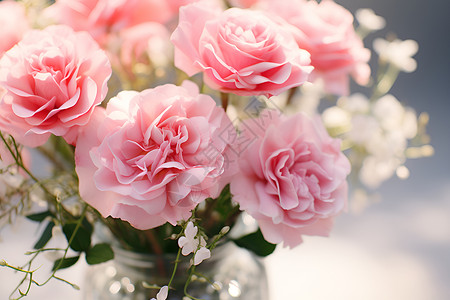 粉色花束在桌子上的一只花瓶里高清图片