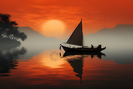 湖中的孤船背景图片