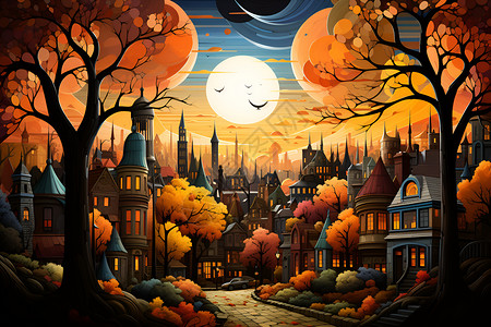 秋日的美丽城镇背景图片