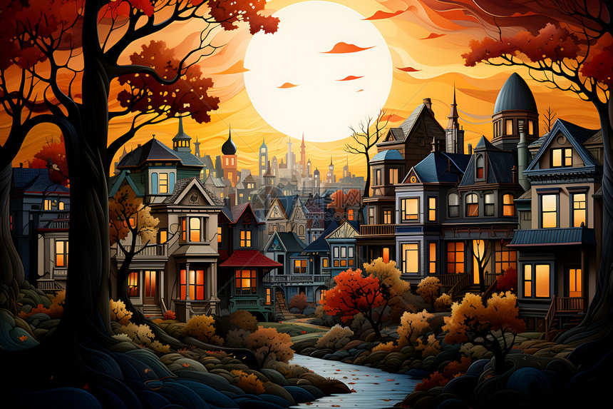 秋色小镇的黄昏图片