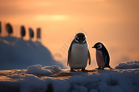 冬天黄昏企鹅在冬日雪地上背景