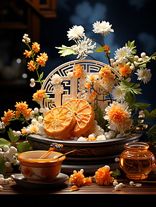 花朵装饰的月饼背景图片