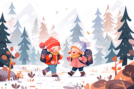 冬季欢乐上学的小伙伴背景图片