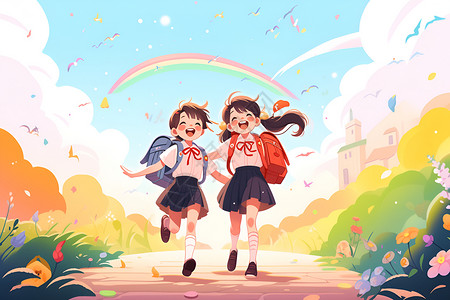 结伴前行童年相伴的上学路插画