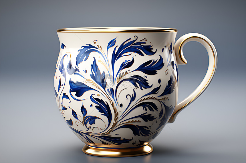 蓝白花式陶瓷杯图片