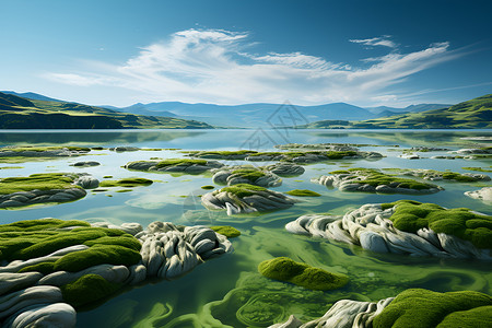 湖泊水岸的水草和岩石背景图片