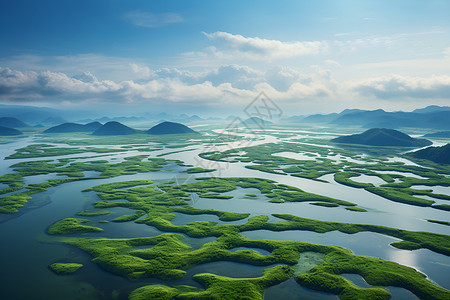 绿洲航拍水面上的绿洲背景