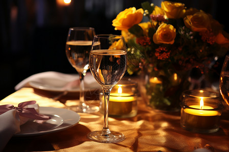 餐桌上的酒杯和蜡烛背景图片