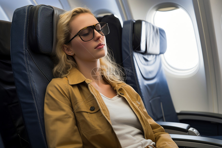 飞机上休息的女人图片