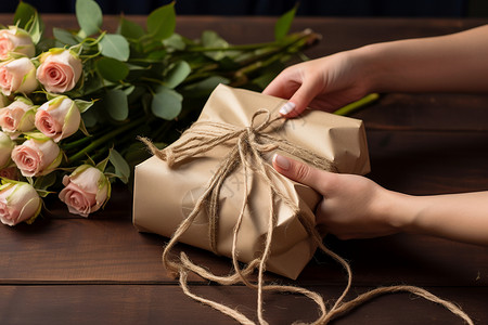 包装纸背景桌面上的礼盒和花束背景