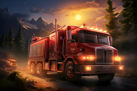 满月山间的红色消防车背景图片