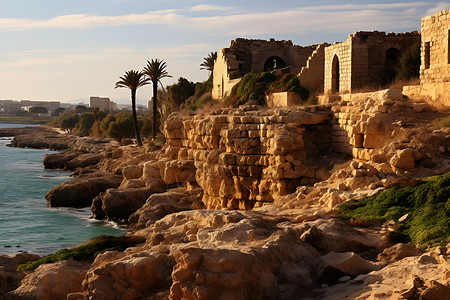 古城遗址与海相伴高清图片
