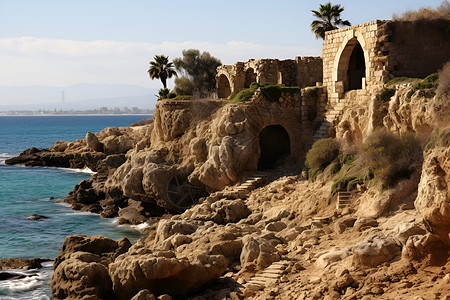 海边的废墟建筑背景图片