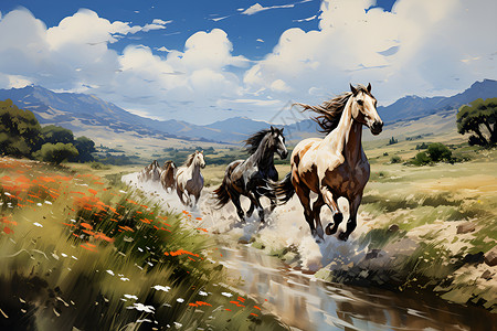 溪流上奔跑的骏马背景图片