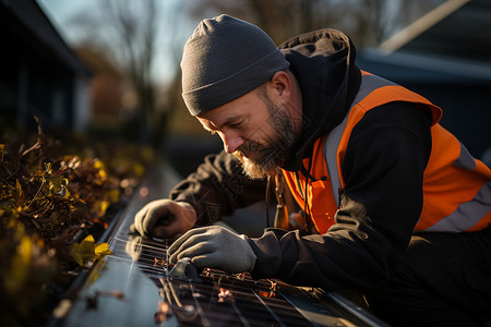 现代科技维修太阳能面板的工人背景图片