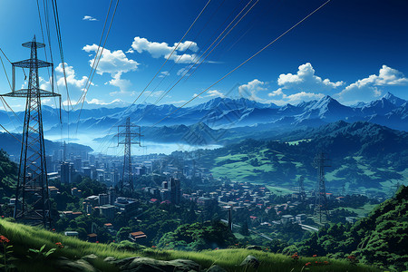 工业电力现代城市中的电塔插画