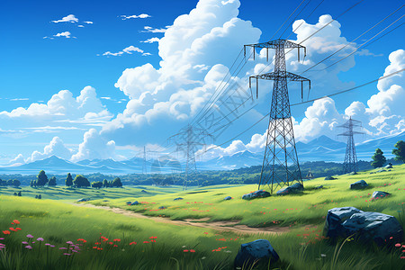 乡村田野中的高压电线塔背景图片